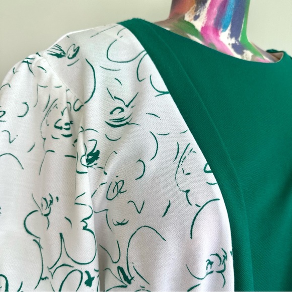 🦚VINTAGE 80s Green Knit Floral Peplum Belted Short Sleeve Dress - Picture 6 of 8